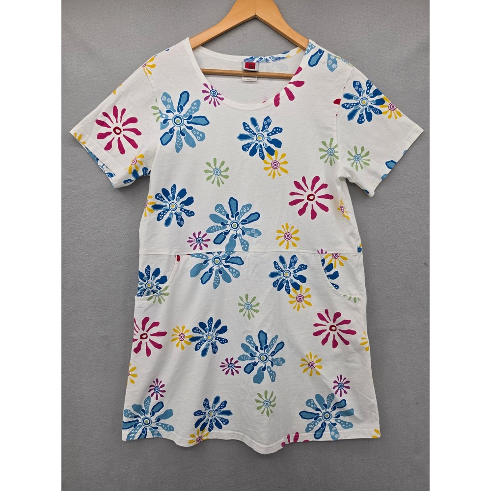 Red Ginger Cotton Stuff Floral Mini Dress Medium White Short Sleeve Pockets 100%